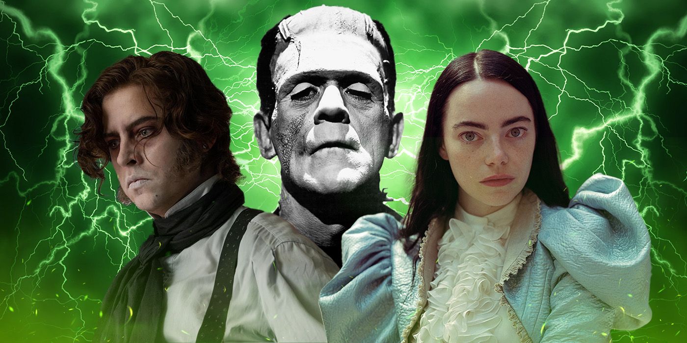 A custom image of Boris Karloff's Frankenstein, Cole Sprouse from Lisa Frankenstein, and Emma Stone from Poor Things