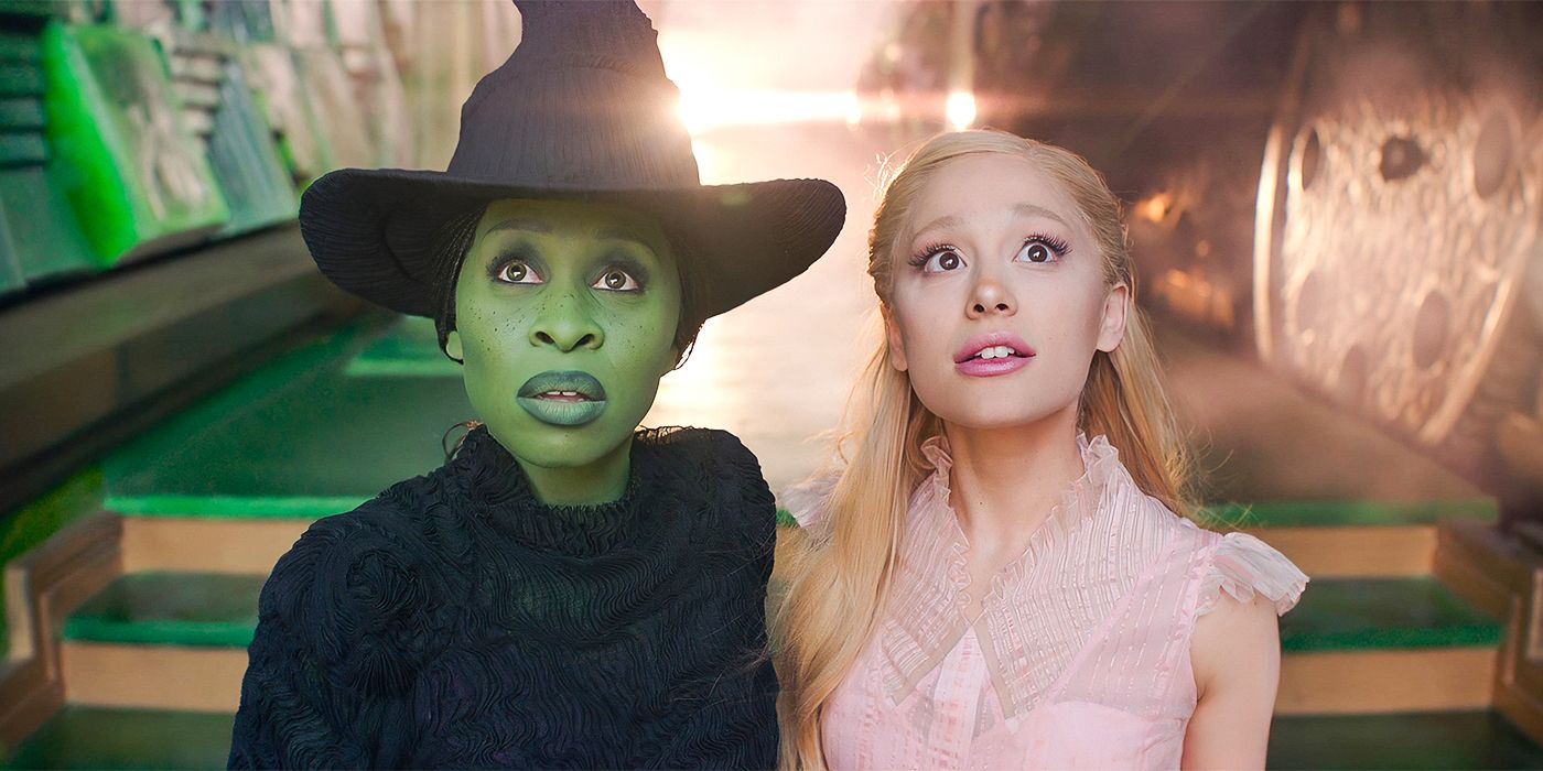 Cynthia Erivo as Elphaba and Ariana Grande as Glinda look up together in Wicked: Part One