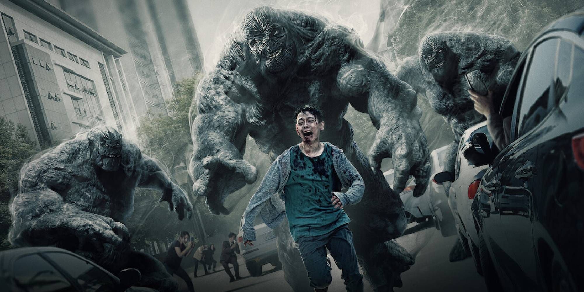Yoo Ah-In in Hellbound running away from a scary, gigantic creature.