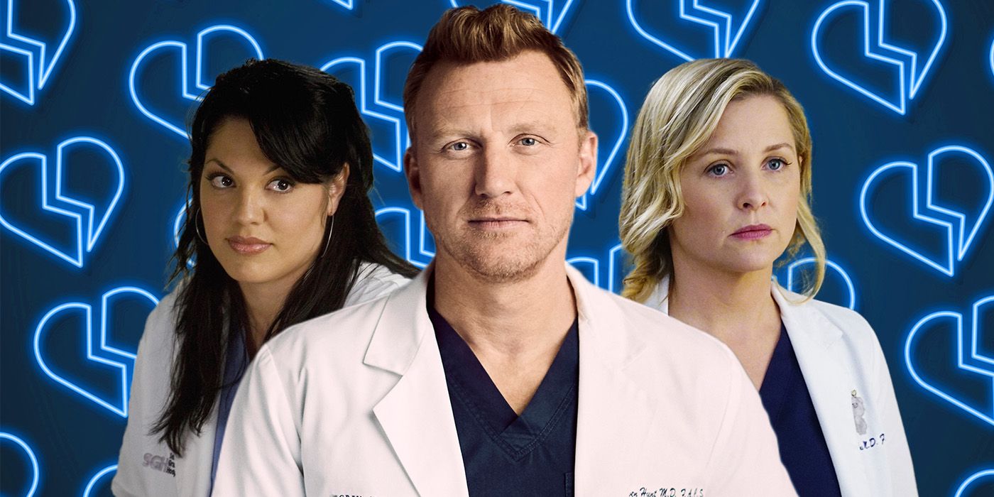 Callie Torres (Sara Ramirez), Owen Hunt (Kevin McKidd), and Arizona Robbins (Jessica Capshaw) of Grey's Anatomy, in front of a background of blue broken hearts