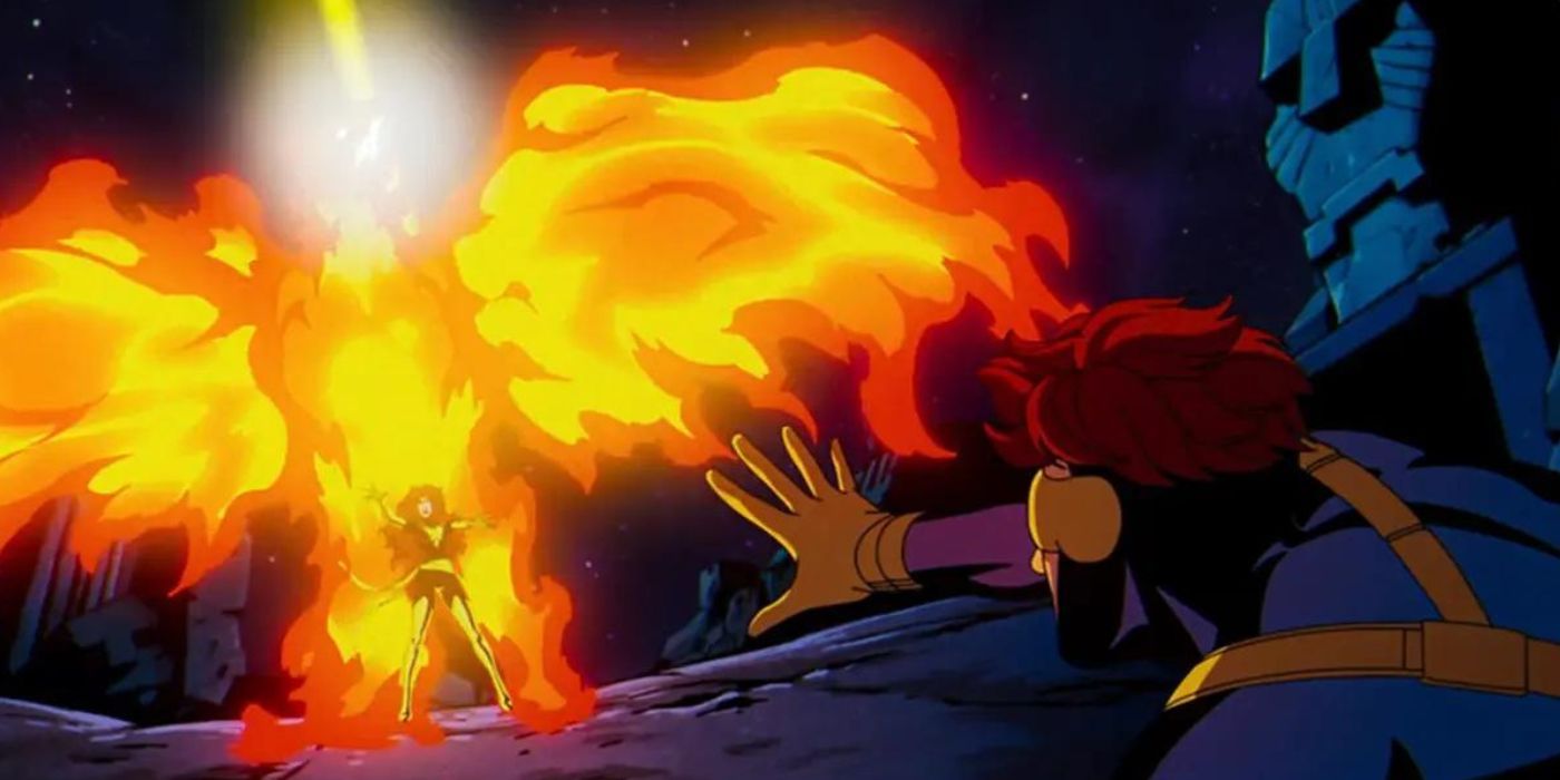 Jean Gray with a fiery phoenix around her and Cyclops fighting in X-Men, the animated series