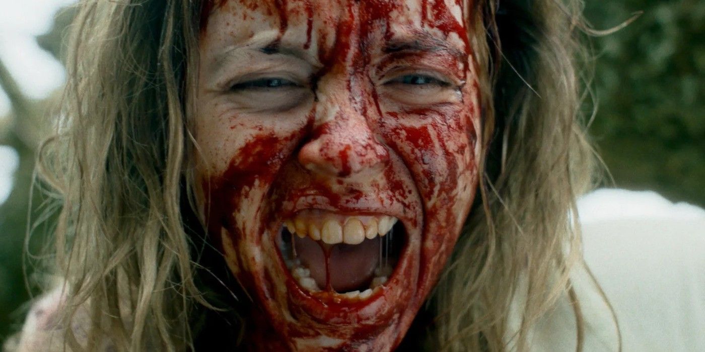 Cecilia, played by actor?Sydney Sweeney, screaming with her face covered in blood in Immaculate.?