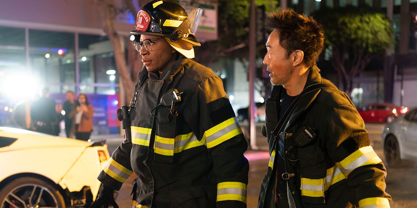 Hen (Aisha Hinds) and Chim (Kenneth Choi) at the scene of a crash in 9-1-1 Season 7 Episode 2