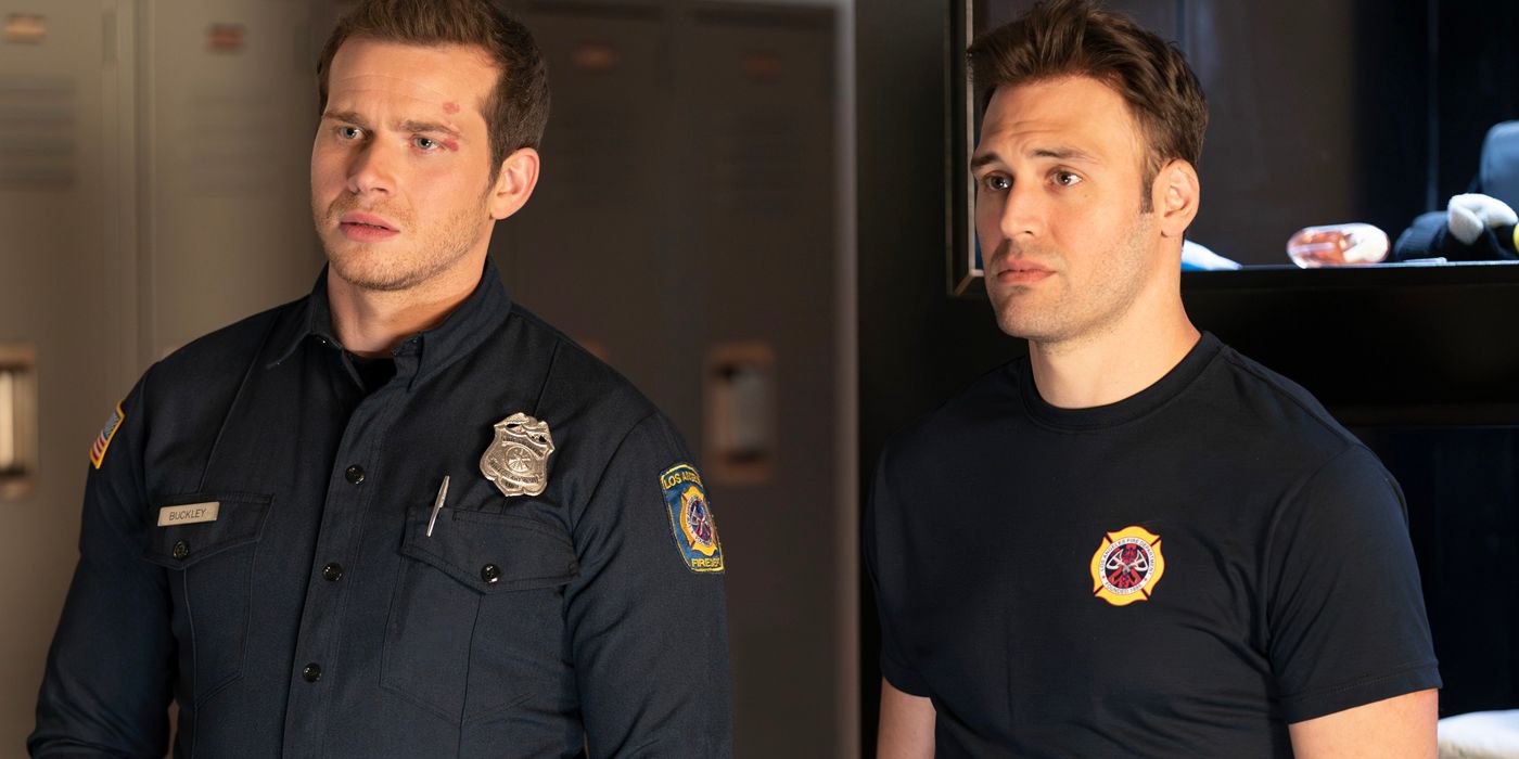 Oliver Stark and Ryan Guzman look aghast in 9-1-1-