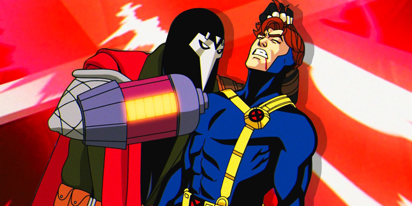 Marvel '97's X-Cutioner holding his arm gun up to Cyclops with a stylized background