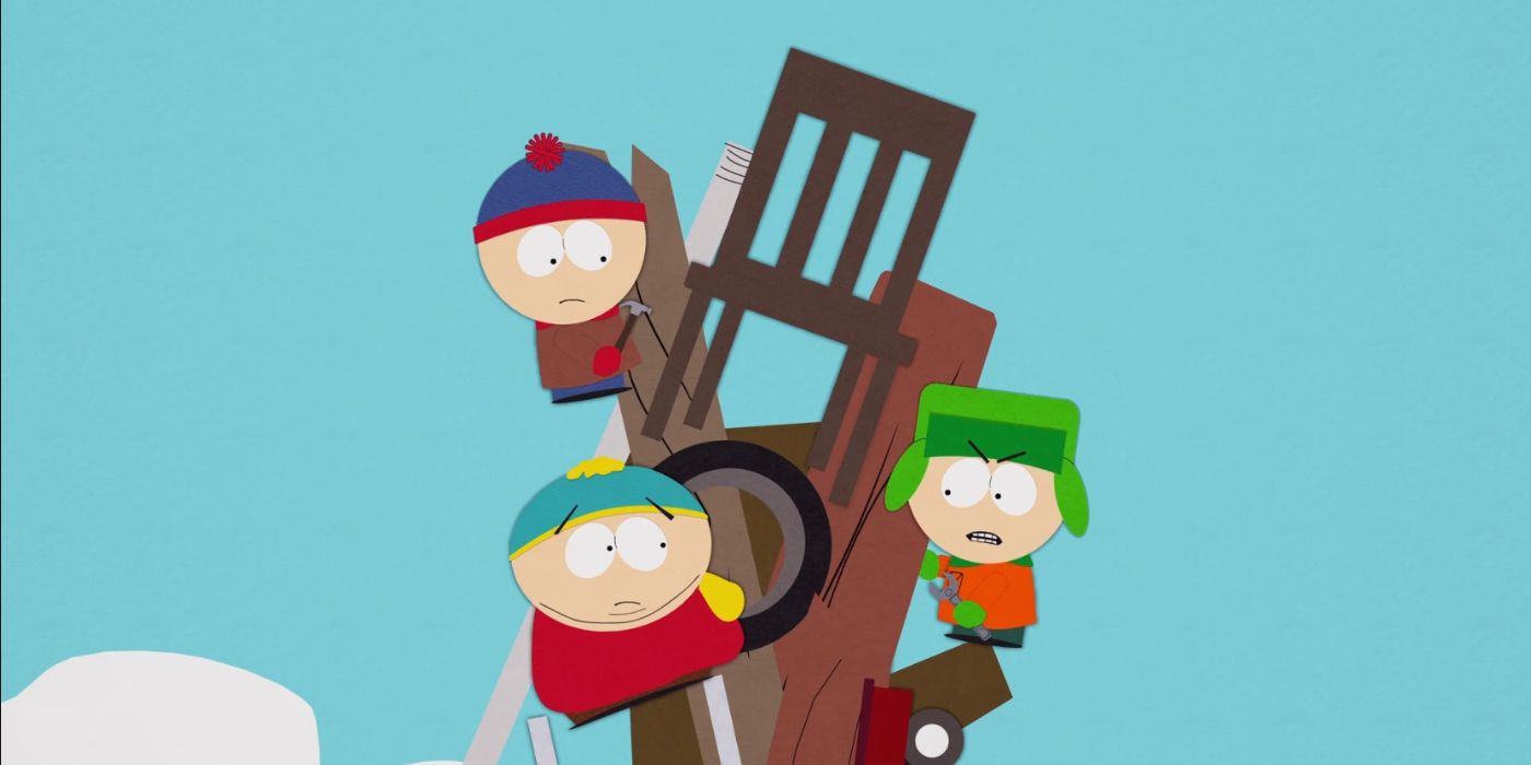 Stan, Kyle, and Cartman climb a makeshift ladder to heaven in "A Ladder to Heaven" (2002)
