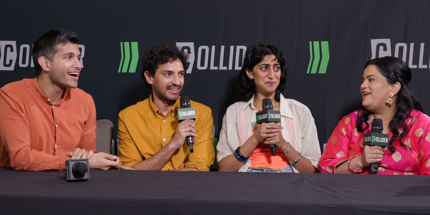 Roshan Sethi, Karan Soni, Sunita Mani y Zarna Garg hablan con un encantador niño indio