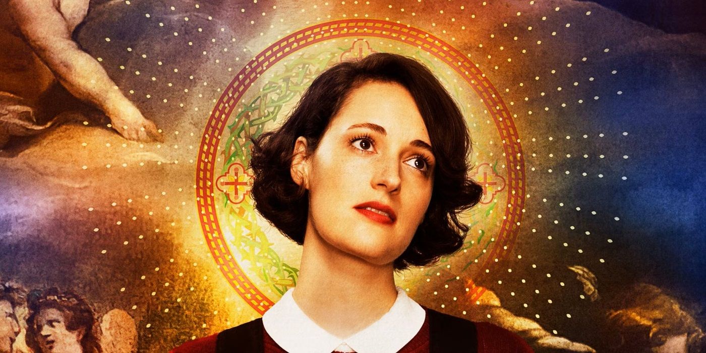 A promotional poster of Phoebe Waller-Bridge with a halo in Fleabag