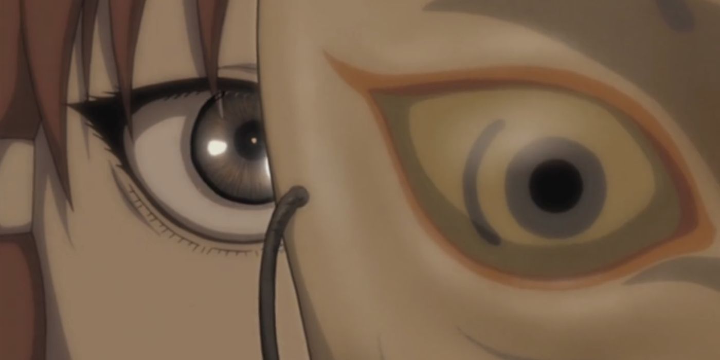 A closeup of a person holding a mask in front of their face in the anime Texhnolyze.