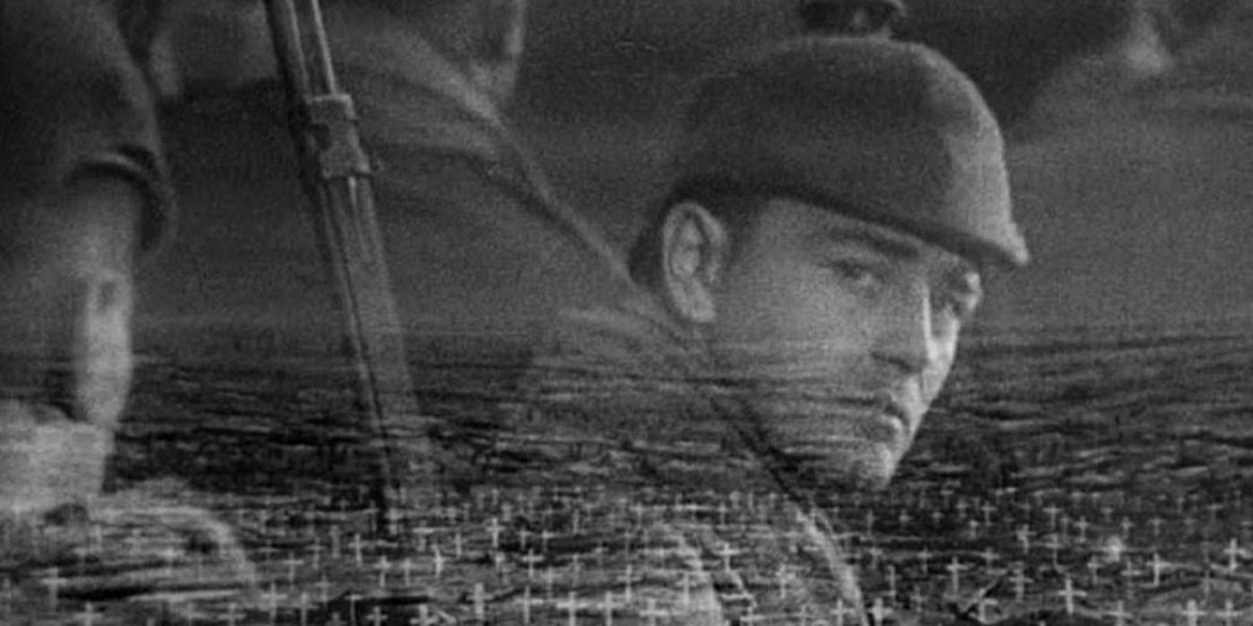 a Super-imposed shot of a soldier over a graveyard in All Quiet on the Western Front