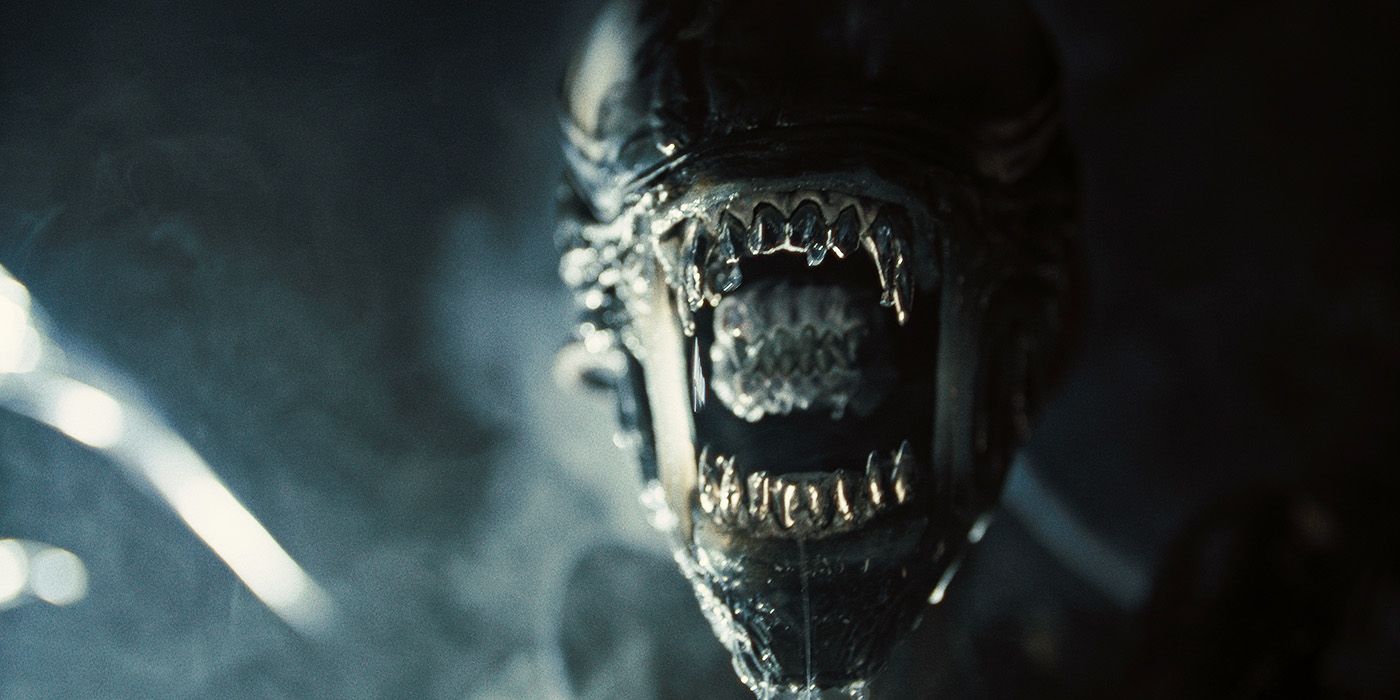 An alien snarling into the camera in Alien: Romulus