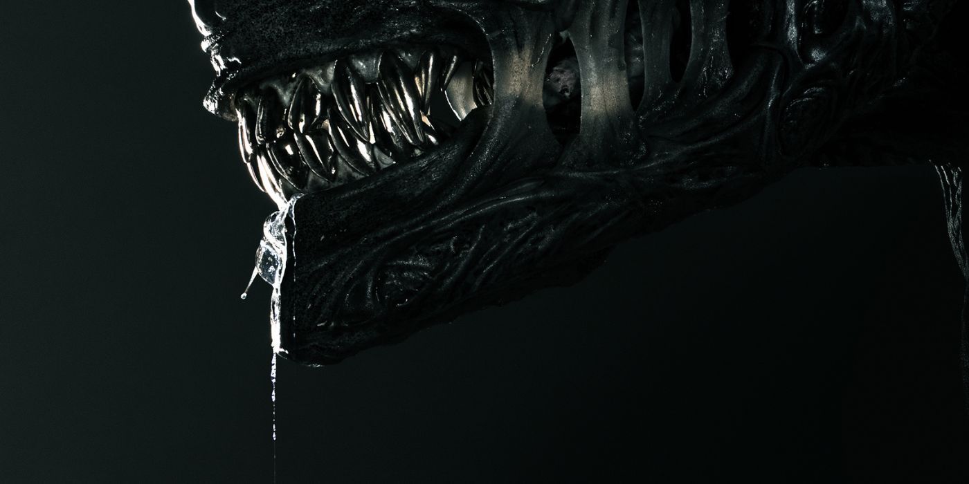 A closeup of a Xenomorph drooling on the poster for Alien: Romulus.