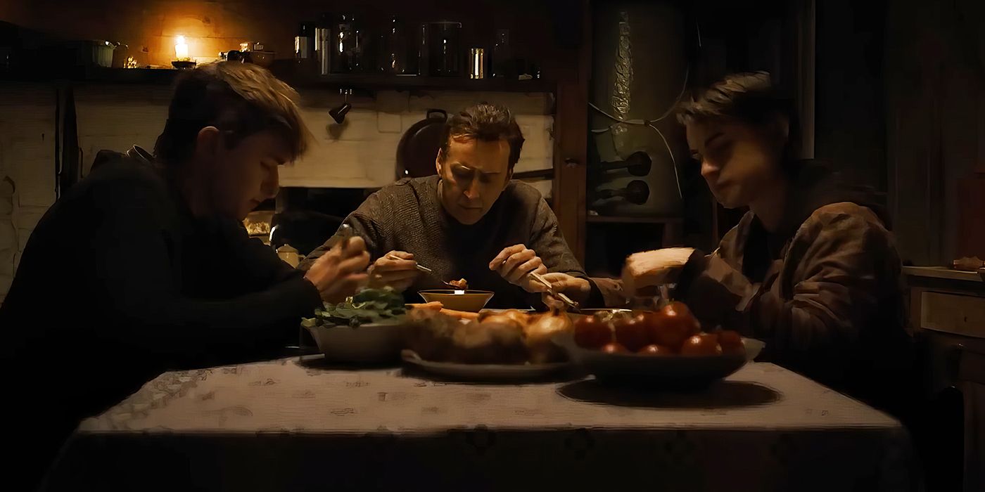 Maxwell Jenkins, Nicolas Cage, and Jaeden Martell sharing a dinner together in Arcadian.