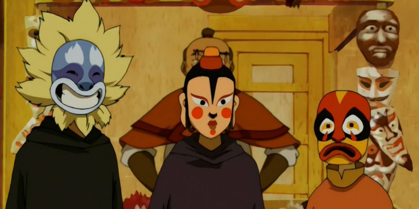 Sokka, Katara, and Aang wearing Fire Nation festival masks