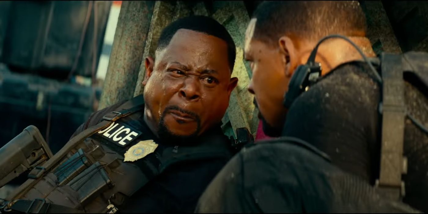 Martin Lawrence as Marcus Burnett, sweating, while wearing a police vest, in Bad Boys: Ride or Die.