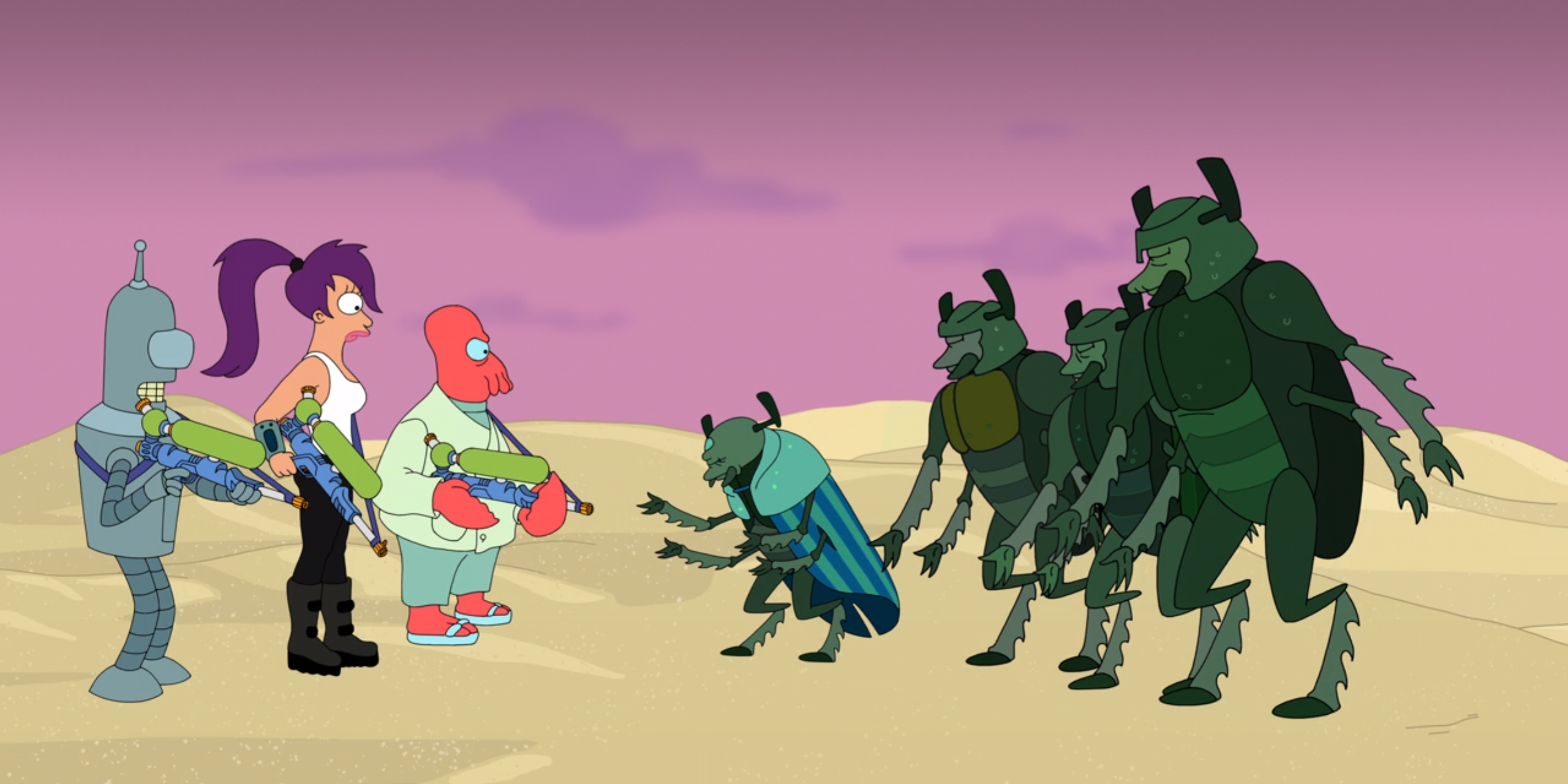 Bender Leela y Zoidberg se encuentran con Dune Beetle en Futurama