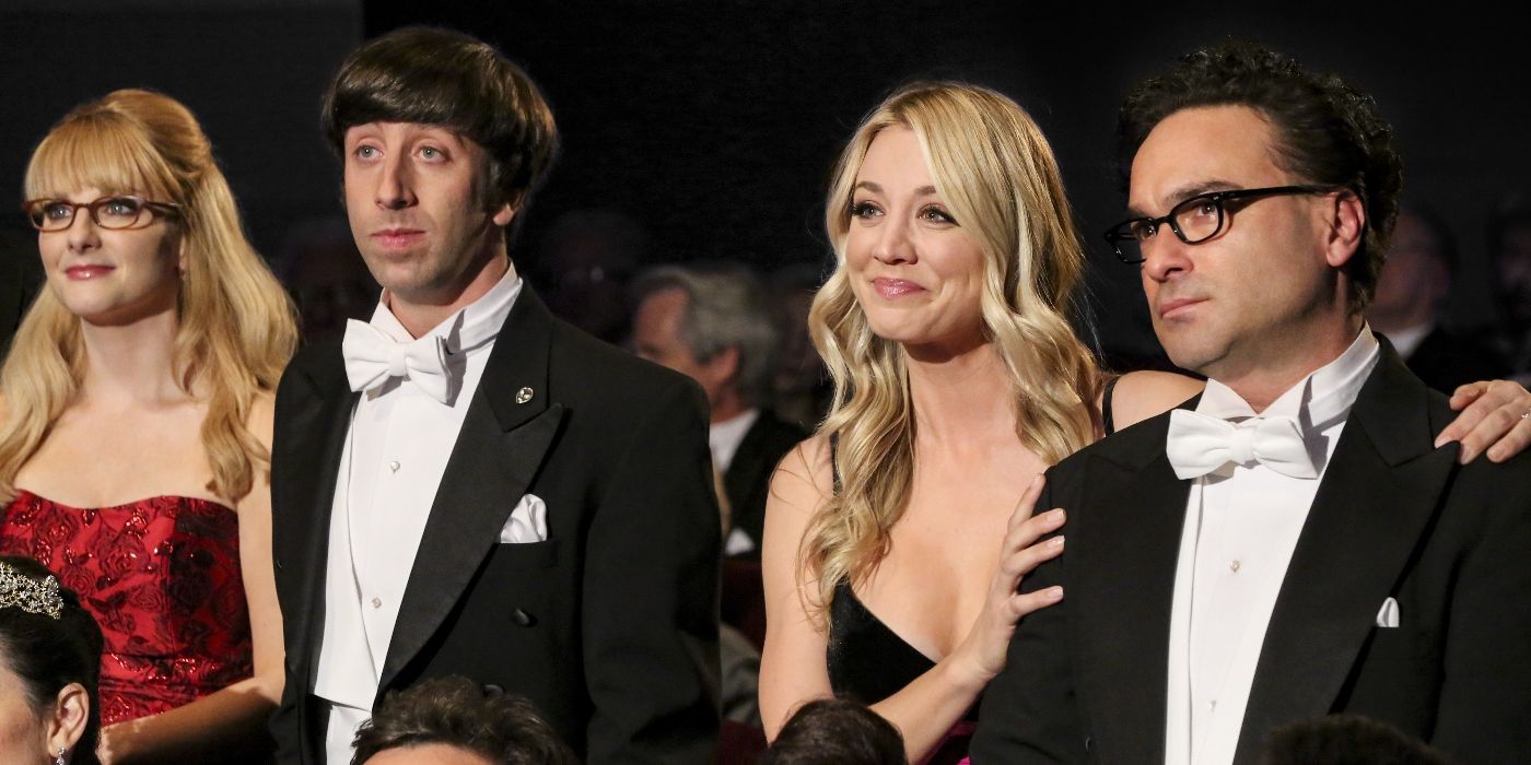 Bernadette (Melissa Rauch), Howard (Simon Helberg), Penny (Kaley Cuoco), and Leonard (Johnny Galecki) watch Sheldon's Nobel Prize speech in The Big Bang Theory