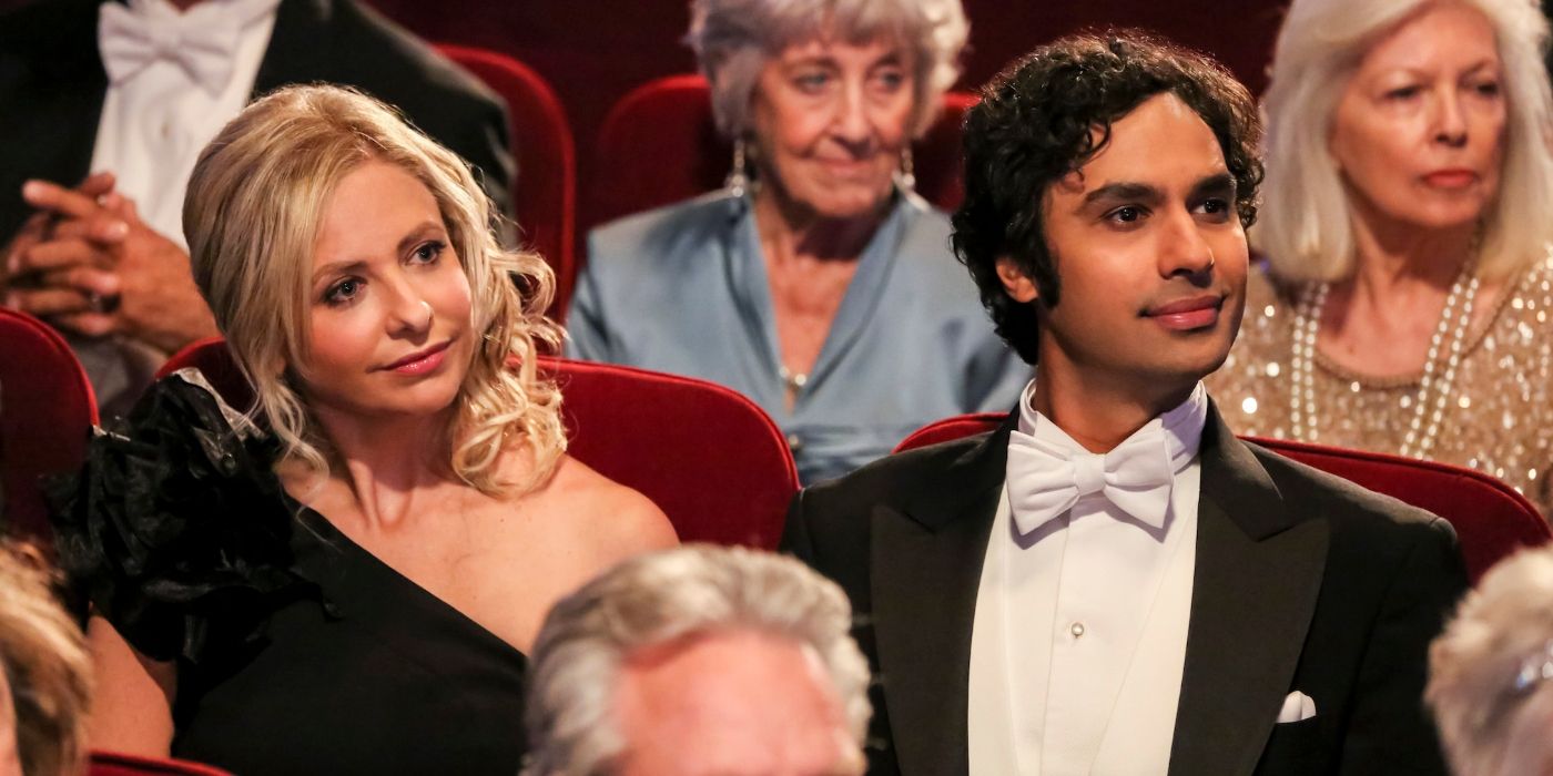 Sarah Michelle Gellar sitting next to Raj (Kunal Nayyar) at the Nobel Prize Ceremony in The Big Bang Theory finale