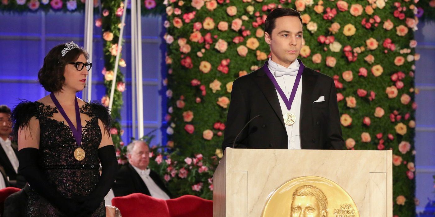 Sheldon (Jim Parsons) delivers his Nobel Prize acceptance speech while Amy (Mayim Bialik) watches in the series finale of The Big Bang Theory