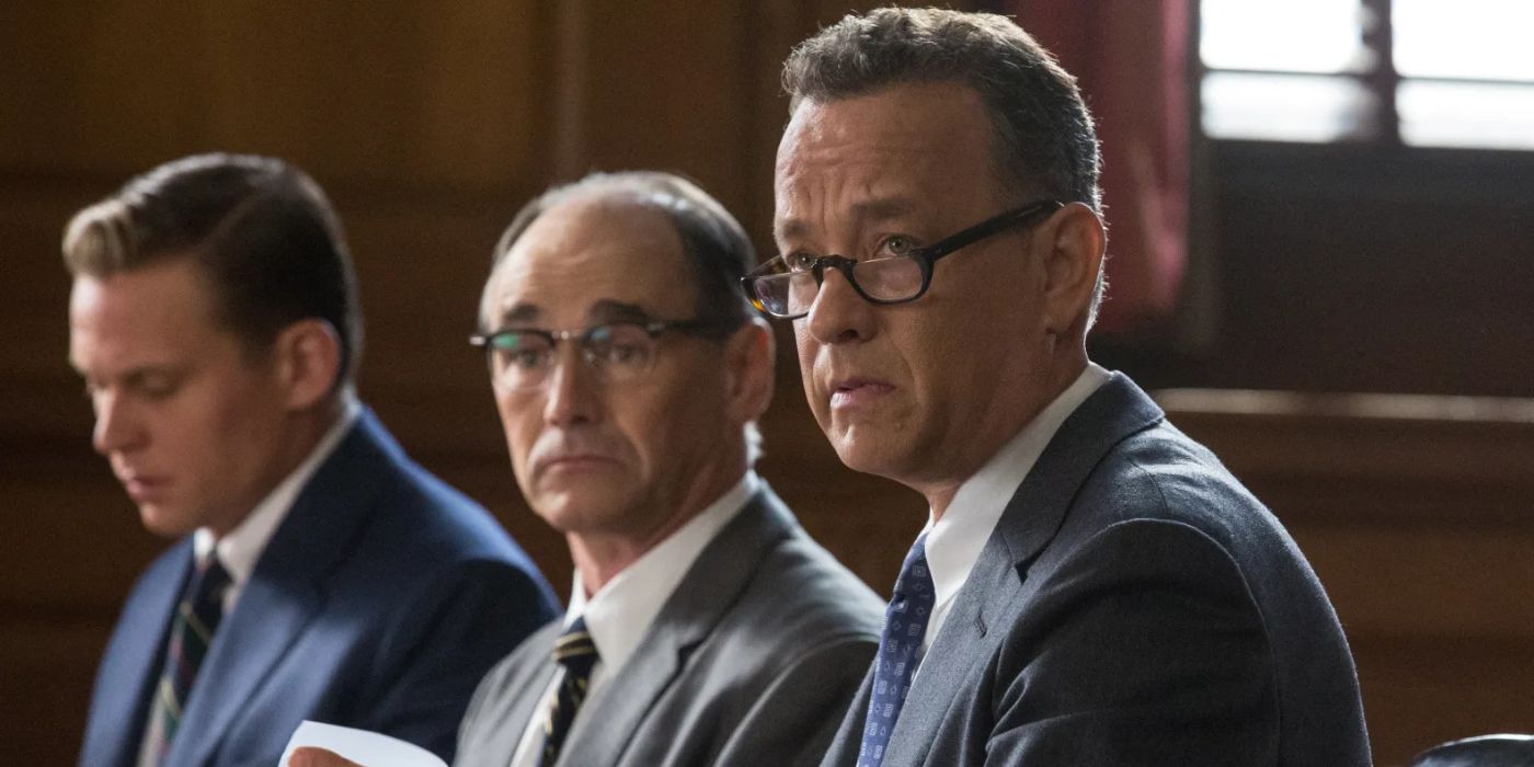 U.S. attorney James B. Donovan (Tom Hanks) sits in a legal court defending a suspected KGB spy in 'Bridge of Spies' (2015)