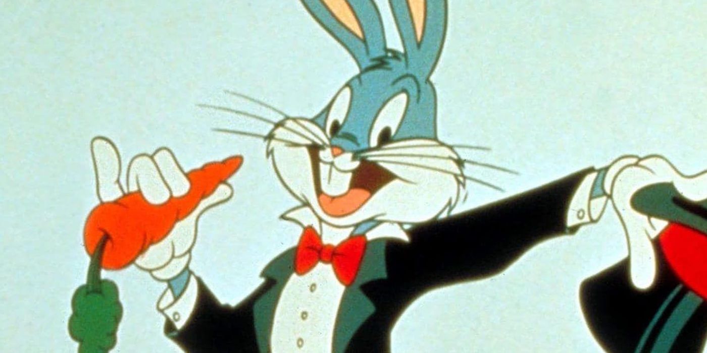 Bugs Bunny in a suit holding a carrot