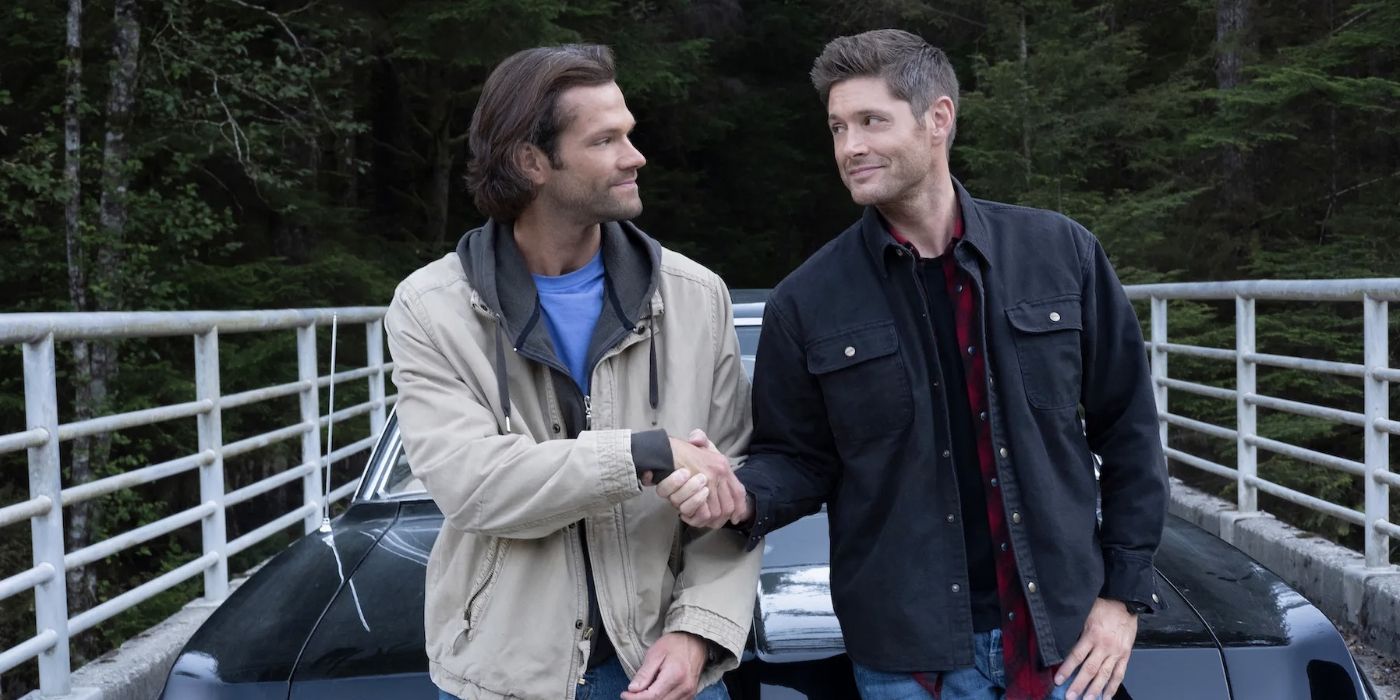 Sam and Dean Winchester shake hands after being reunited in Heaven in the 'Supernatural' series finale.