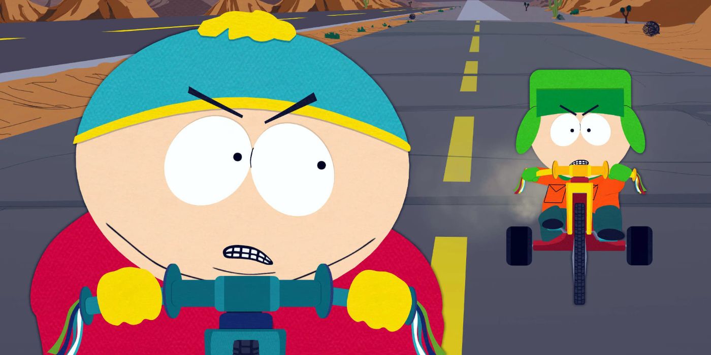 Cartman and Kyle ride their tricycles with angry expressions on their faces in "Cartoon Wars: Part I" (2007)