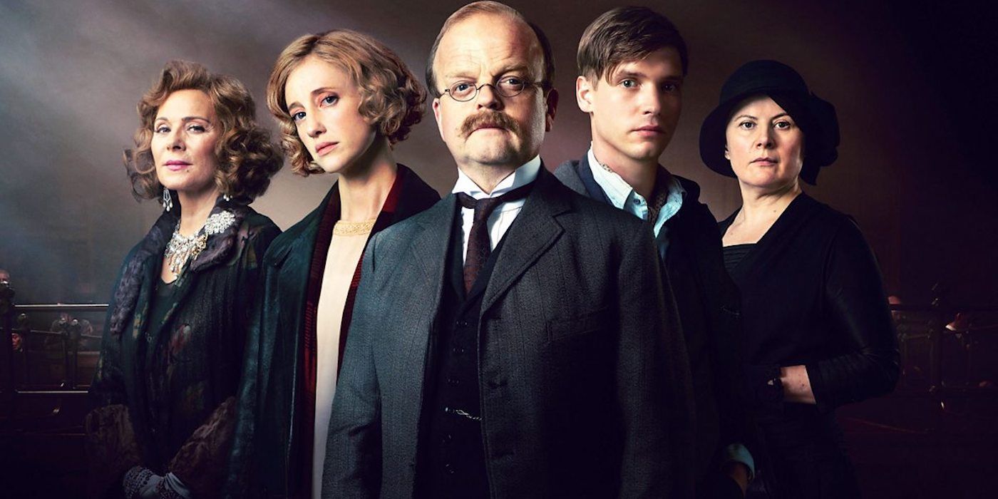 Kim Cattrall, Monica Dolan, Toby Jones, Andrea Riseborough, and Billy Howle in a promotional photo for The Witness for the Prosecution (2016)