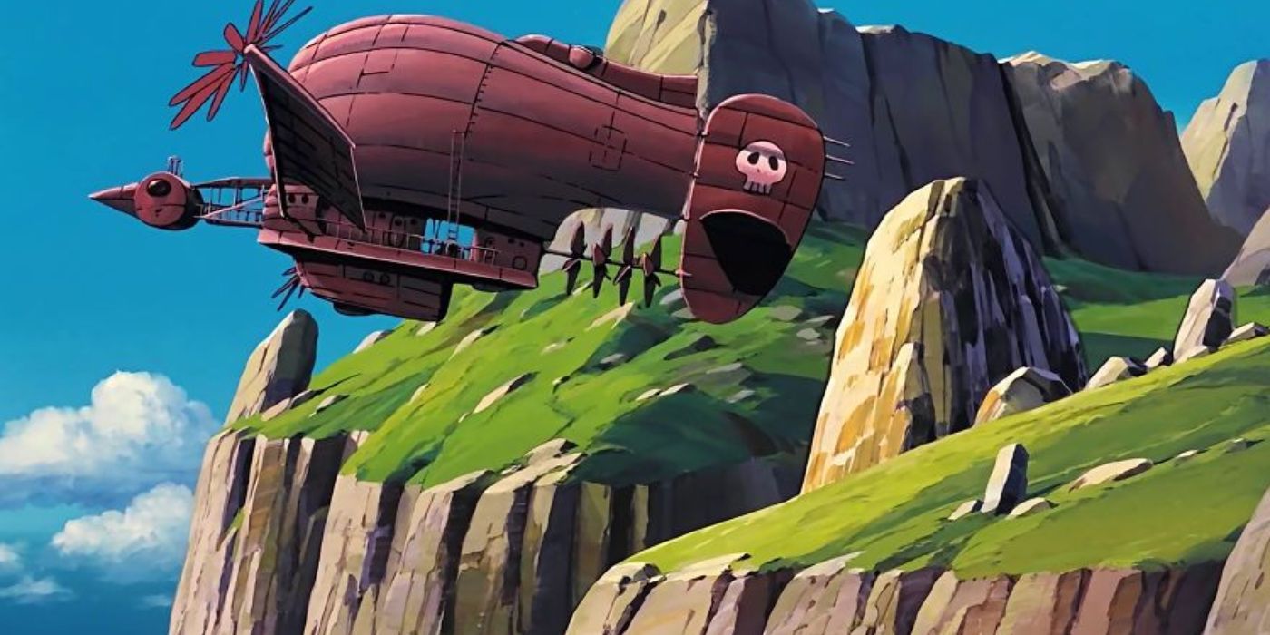 A ship flies from a cliff in the film Castle in the Sky