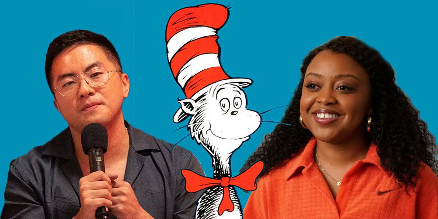 custom image of Bowen Yang and Quinta Brunson with the cat in the hat in the middle