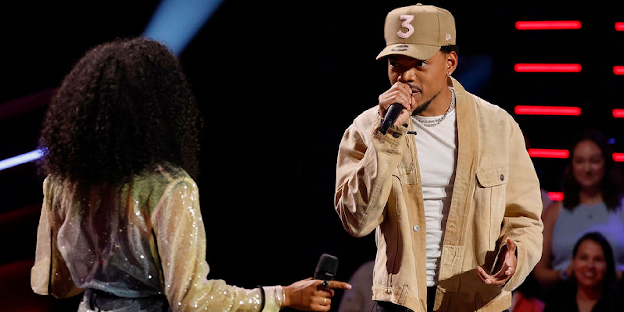 Chance the Rapper tries to sway vocalist Nadège's by singing a duet with her on stage at 'The Voice'