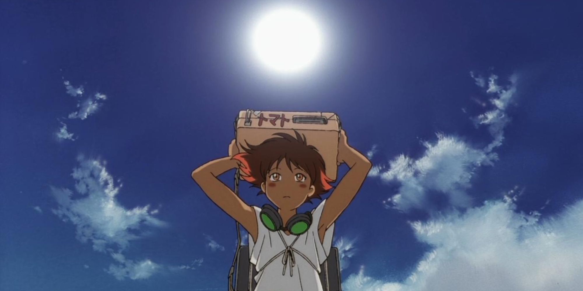 A character holds a box over their head outside with a bright sunny sky in Cowboy Bebop, Jamming with Edward.