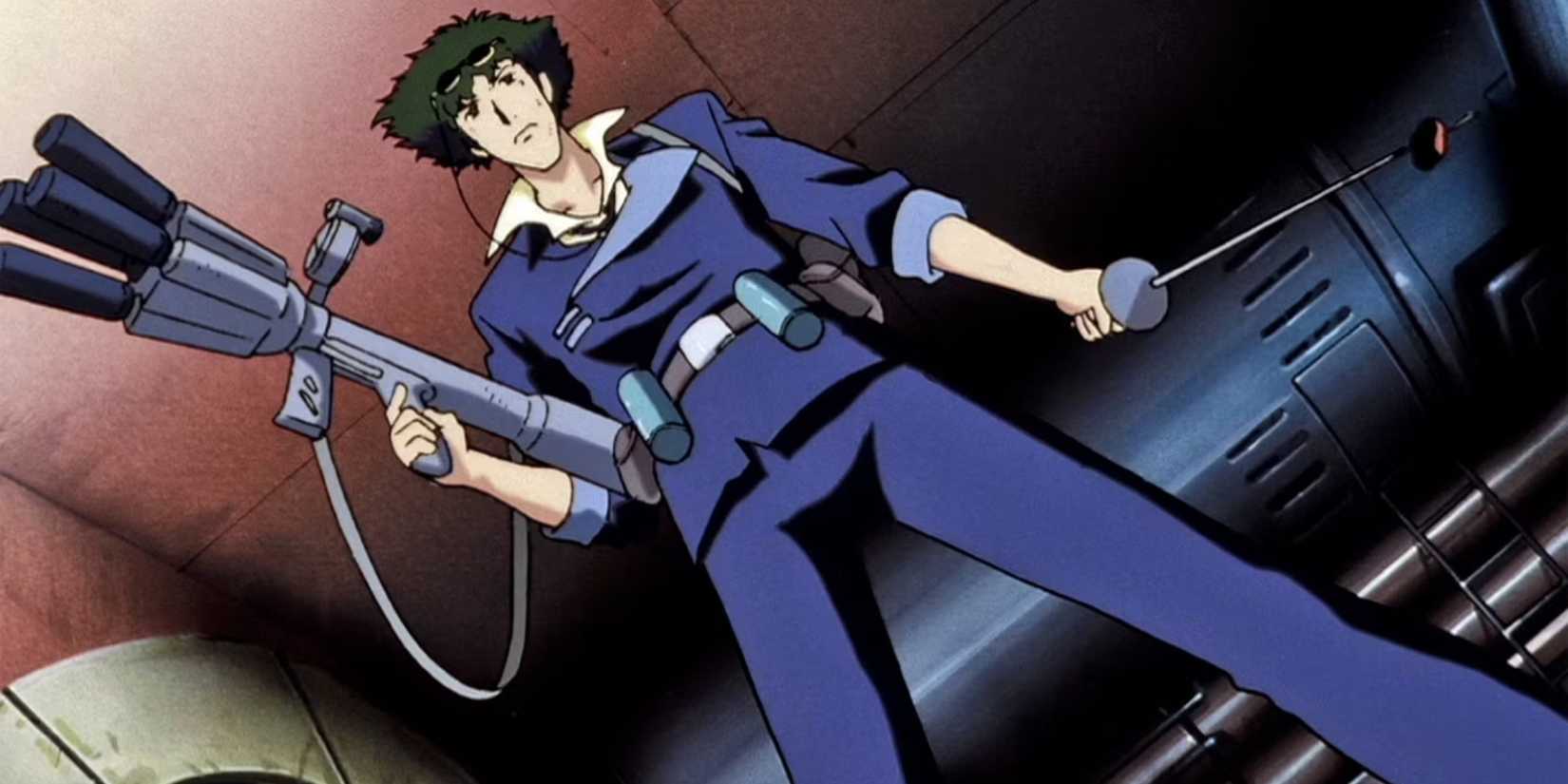 Spike holding a gun in Cowboy Bebop - Toys in the Attic - 1999.