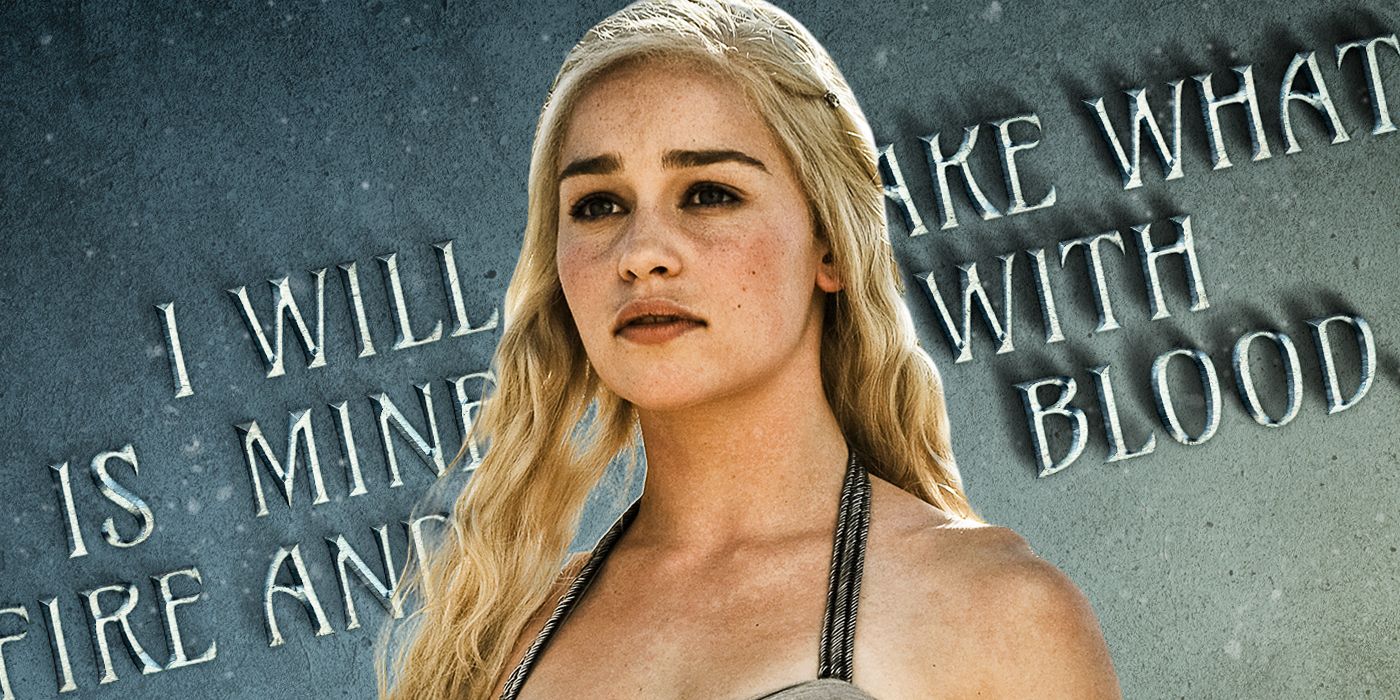 Daenerys Targaryen with one of her quotes in the background.