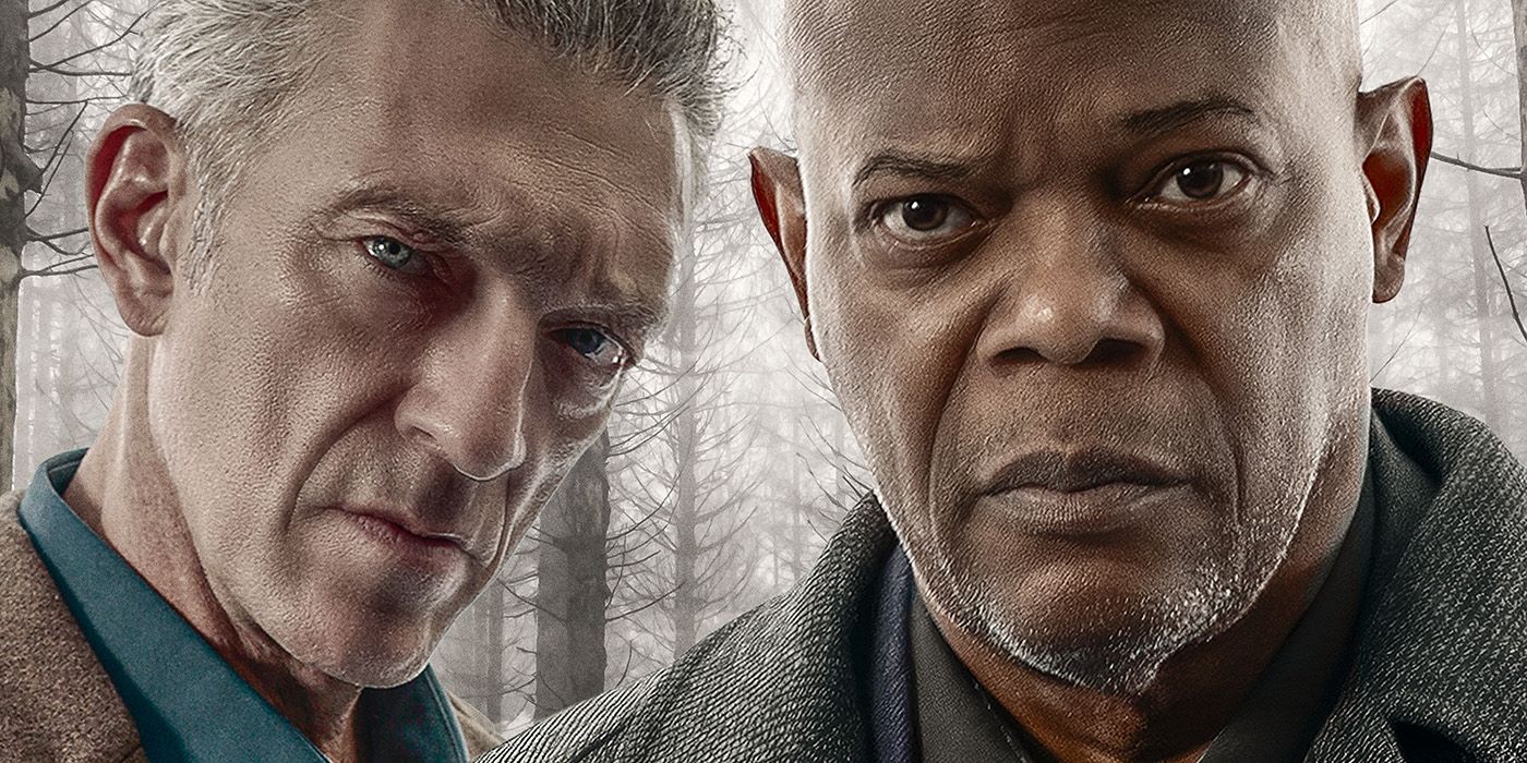 Vincent Cassel and Samuel L. Jackson in front of a wintry forest on the poster for Damaged