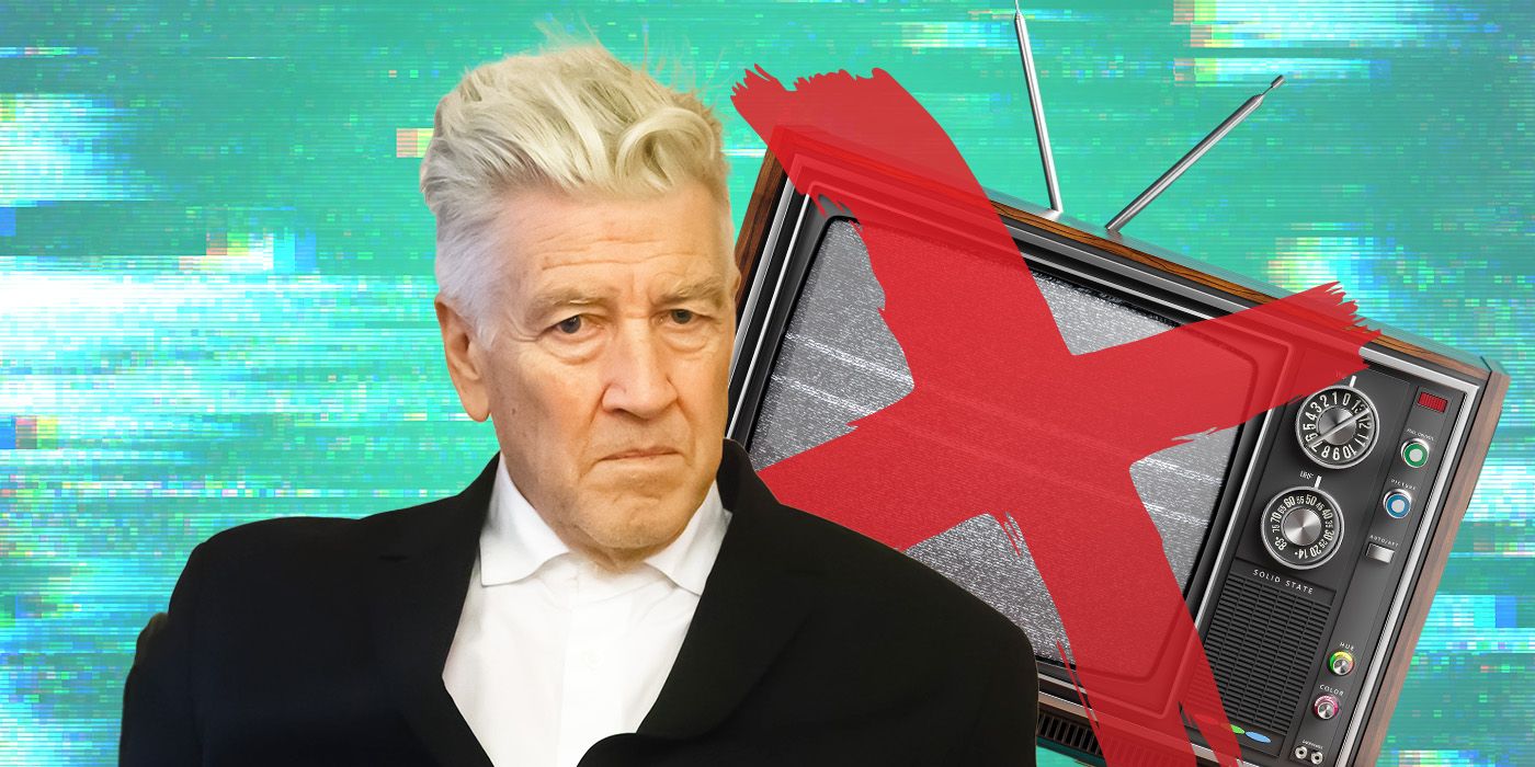 Custom image of David Lynch against a blue background with a cancelled TV behind him