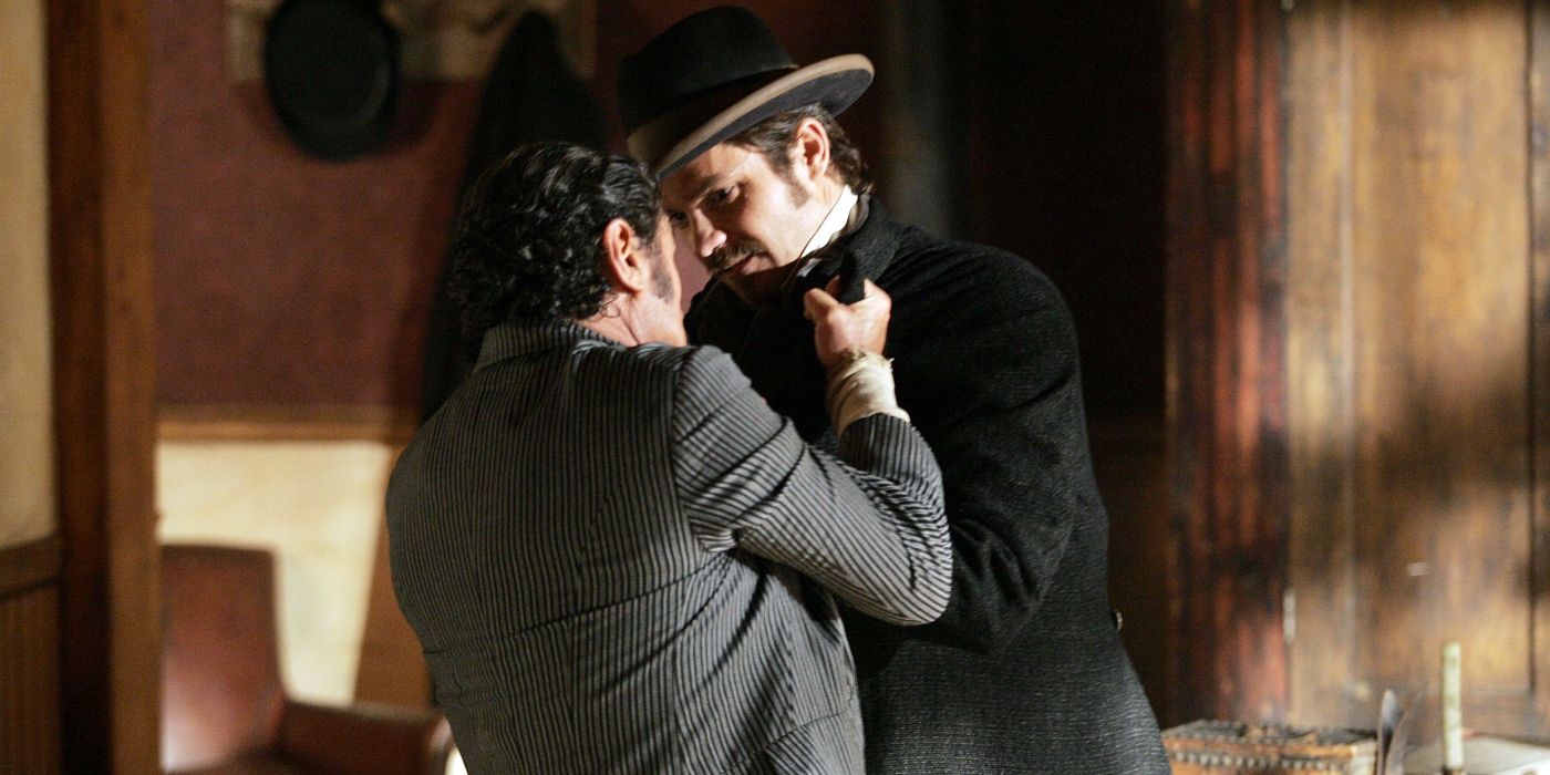 Ian McShane and Timothy Olyphant fight in the Season 2 premiere of Deadwood