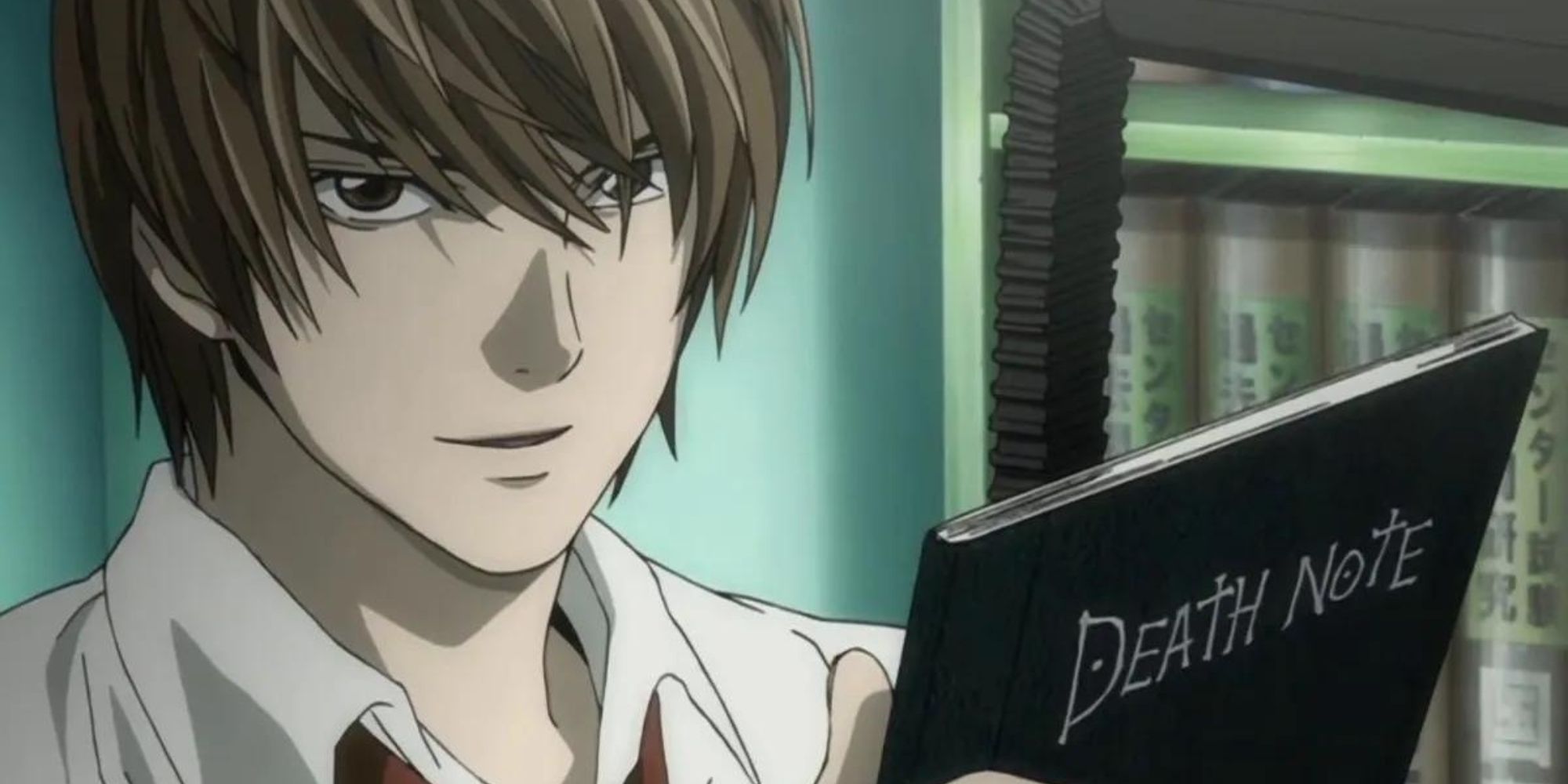 Light Yagami from Death Note staring at his Death Note notebook