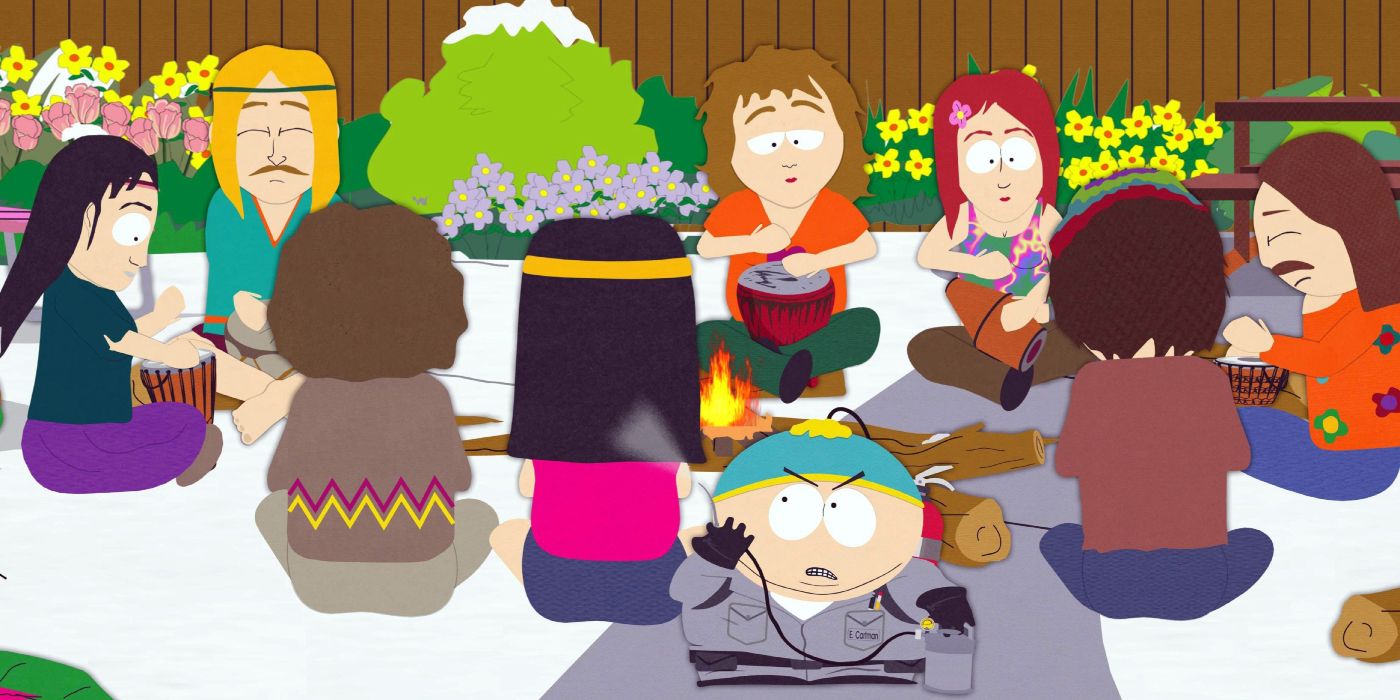 Eric Cartman sprays a group of hippies crowded around a campfire with a substance in "Die Hippie Die" (2005)