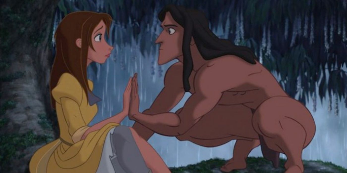 Tarzan and Jane looking at each other holding hands