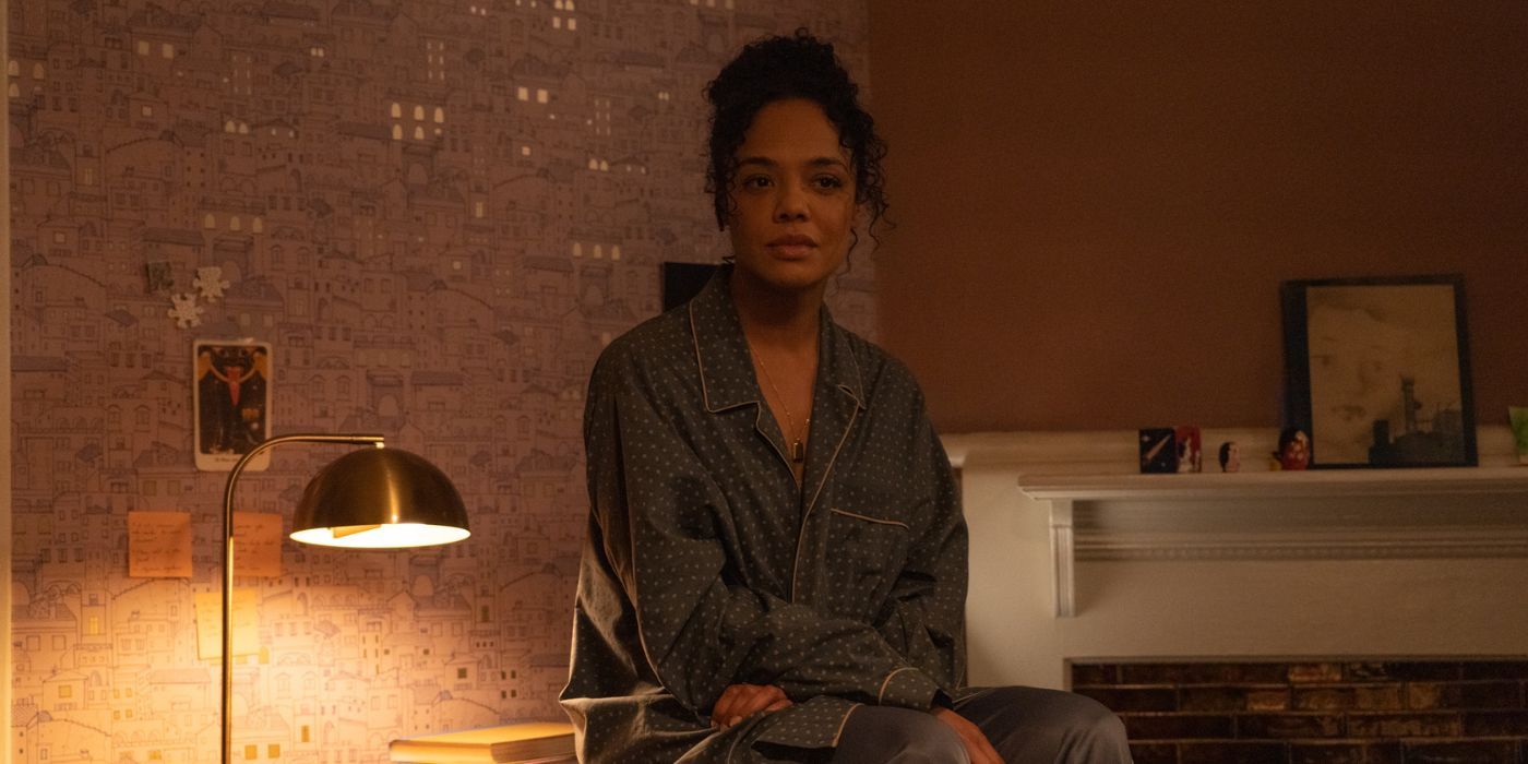 Tessa Thompson wearing pajamas as Beth in The Listener.