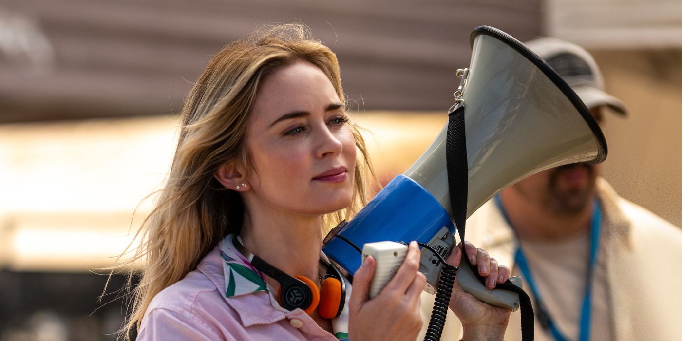 Emily Blunt as Judy Moreno holding a megaphone in The Fall Guy.