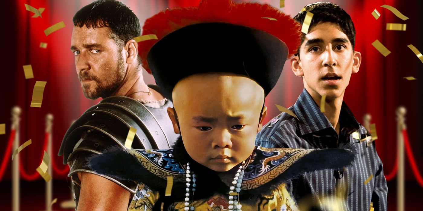 Blended image showing characters from Gladiator, The Last Emperor, and Slumbdog Millionaire.