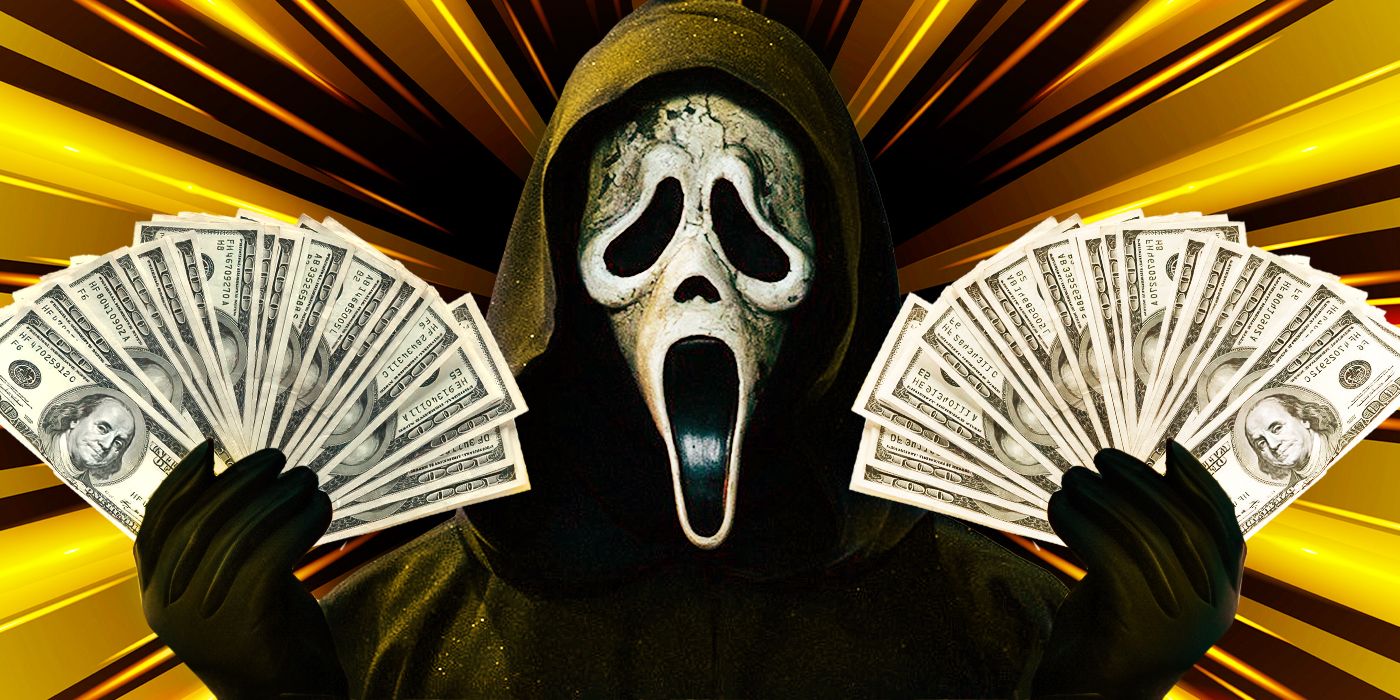 Blended image showing Ghostface holding dollar spreads