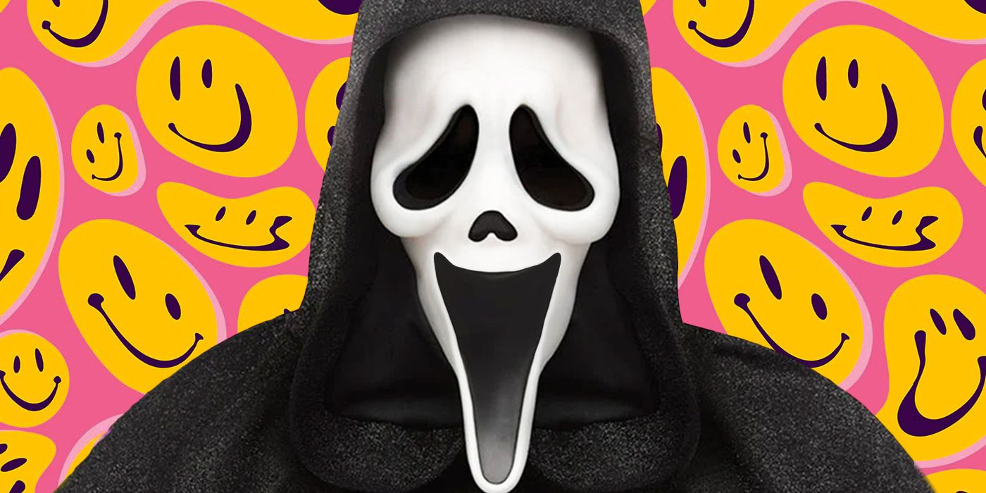 Blended image showing Ghostface with smiley faces in the background.