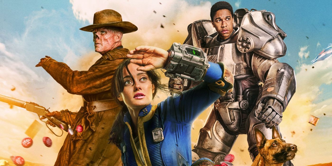 Walton Goggins, Ella Purnell, and Aaron Moten as The Ghoul, Lucy, and Maximus, alongside Dogmeat on the poster for the Fallout TV series.