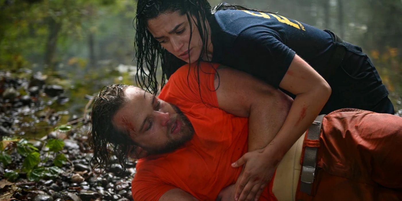 Gabriella Perez (Stephanie Arcila) saves Bode Leone (Max Thieriot) in 'Fire Country'