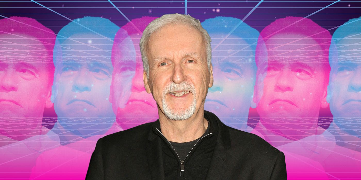 Custom image of James Cameron against a putple and blue background with Arnold Schwarzenegger's face