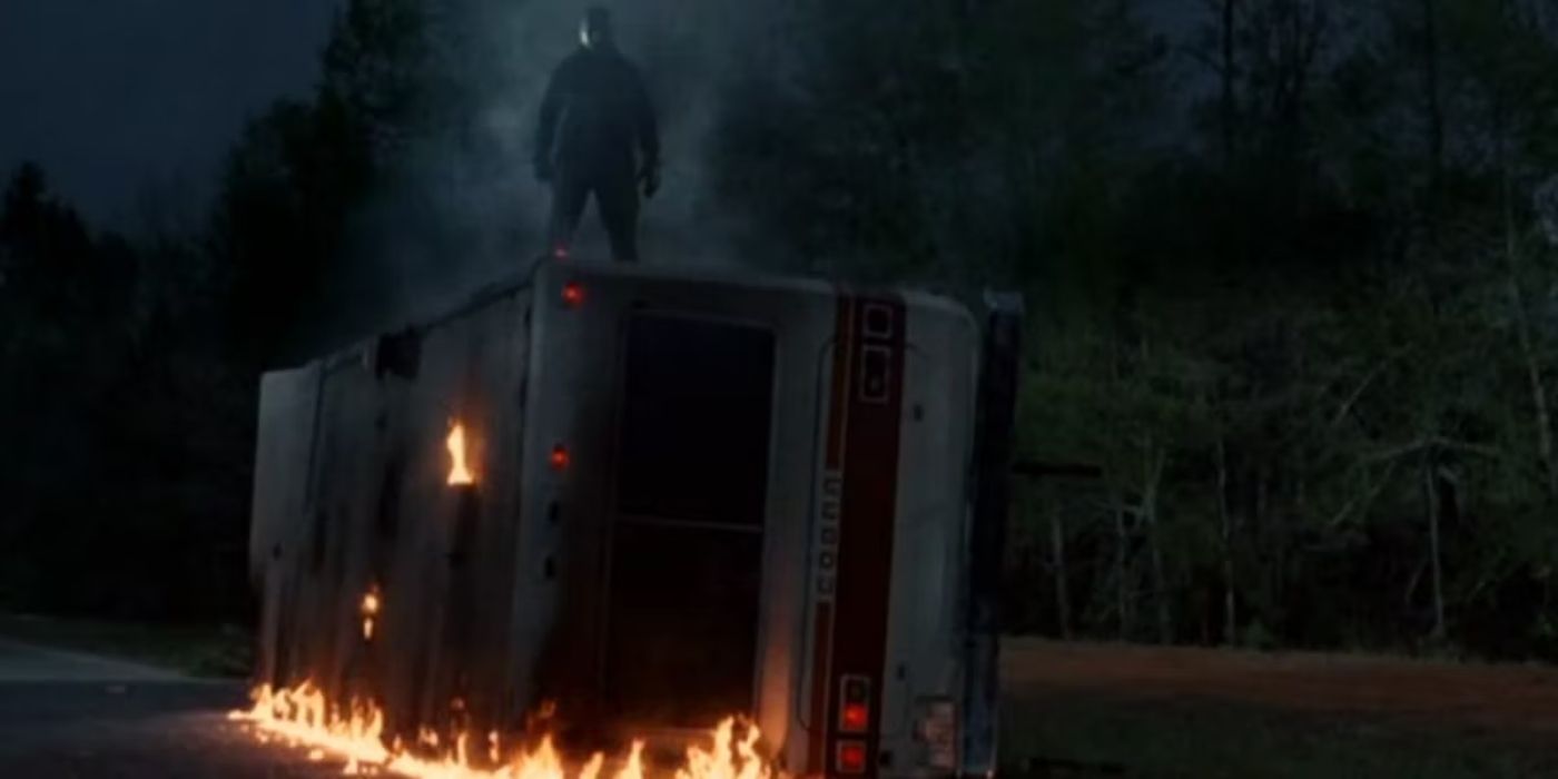 Jason Voorhees stands on a burning RV in 'Friday the 13th Part 6: Jason Lives'