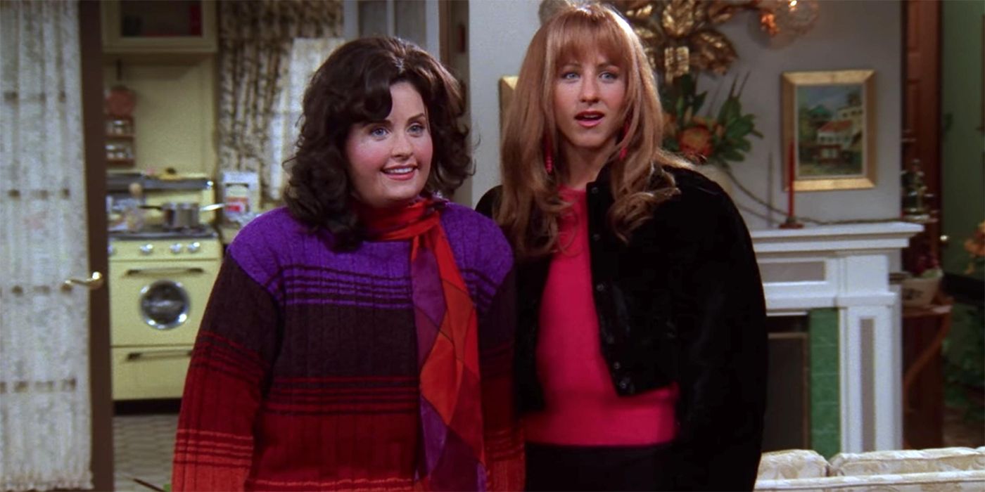 Rachel and Monica stand together in a flashback to when they were younger on Friends.